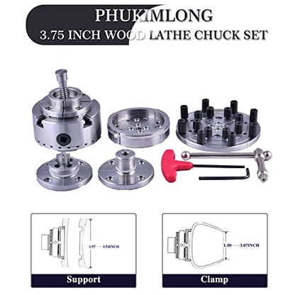 CKS375 Wood Lathe Chucks, 3.75" 4-Jaw Self-Centering Scroll Chuck with 1" x 8TPI Thread Woodworking Turning Tools Set Include(3.75 Gear Chuck,5 - WoodArtSupply