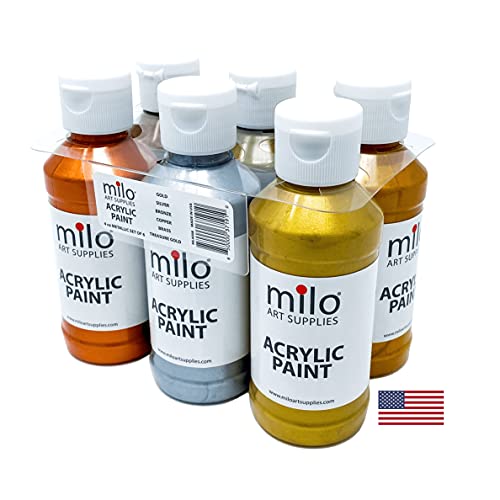 milo Metallic Acrylic Paint Set of 6 Colors | 4 oz Bottles | Student Metallic Colors Acrylics Painting Pack | Made in the USA | Non-Toxic Art & Craft milo