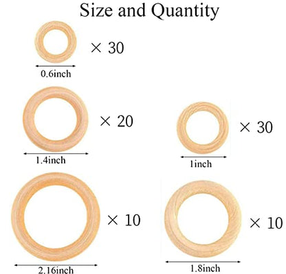 100 PCS 5 Sizes Natural Wood Rings, Unfinished Smooth Wooden Ring, Wood Circles forCraft, Ring Pendant and Connectors Jewelry Making (100pcs-5 Sizes)