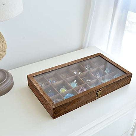 MOOCA Wooden Display Storage Case with Tempered Glass Lid for Jewelry and Beads with 18 Compartments Tray, 15 W x 8 3/8 L x 2 1/8 H in, Brown Color MOOCA