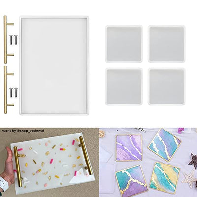 ResinWorld 4 Pack 4 inches Square Coaster Molds + Large Tray Mold with Handles, Rectangle Silicone Tray Molds