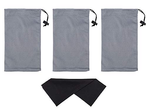 Mamlyn Premium Quality Microfiber Sunglasses Pouch with Drawstring Closure, 3 Light Grey Glasses Case for Eyeglasses, Gadgets, Cell Phones, Jewelry, Mamlyn