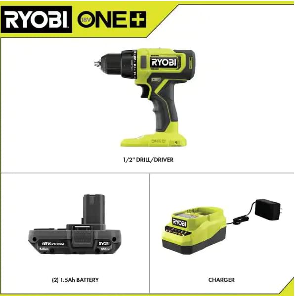 RYOBI ONE+ 18V Cordless 1/2 in. Drill/Driver Kit with (2) 1.5 Ah Batteries and Charger, Green - WoodArtSupply