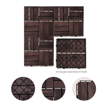 Acacia Hardwood Interlocking Deck Tiles - Walnut Grid - 12"×12" 9pcs - Floor Tiles for Patio and Deck Use Natural Wood Outdoor Decking and Flooring,