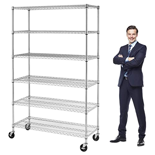 YRLLENSDAN 6000Lbs Capacity Adjustable Storage Shelves Heavy Duty Shelving Unit 6 Tier Metal Shelving with Wheels NSF Wire Shelving (48" W x 18" D x YRLLENSDAN