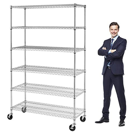 YRLLENSDAN 6000Lbs Capacity Adjustable Storage Shelves Heavy Duty Shelving Unit 6 Tier Metal Shelving with Wheels NSF Wire Shelving (48" W x 18" D x YRLLENSDAN