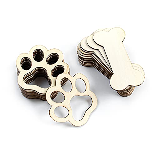 Framendino, 30 Pack Unfinished Wood Dog Bone Cutouts Dog Paw Print Wooden Ornament for DIY Crafts Painting