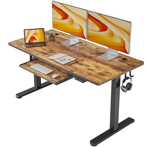 FEZIBO Standing Desk with Keyboard Tray, 55 × 24 Inches Electric Height Adjustable Desk, Sit Stand Up Desk, Computer Office Desk, Rustic Brown - WoodArtSupply