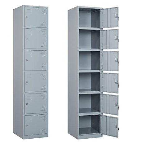 Yizosh Metal Locker with 6 Doors, Tall Steel Storage Lockers for Employees - 71" Locker Storage Cabinets for School, Gym, Home, Office, Garage (Grey) Yizosh