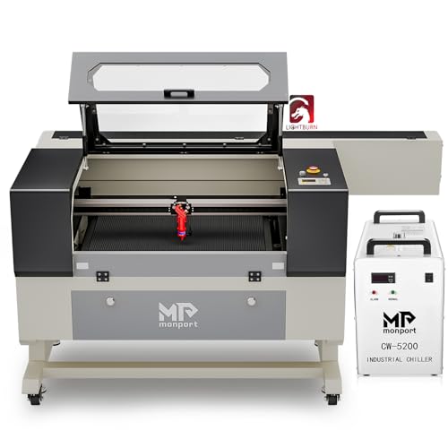 Monport 100W CO2 Laser Engraver＆Water Chiller with Lightburn,20"x28" Laser Engraving Cutting Machine with Autofocus 4 Way Pass Air Assist Wheel Monport