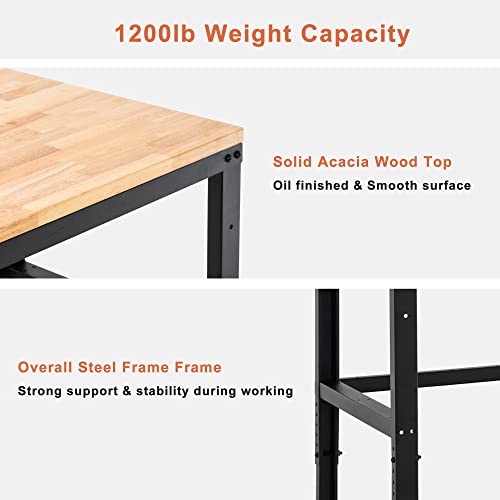 MCombo 48" Adjustable Workbench with Oak Wood Top, Overall Steel Frame Worktable for Garage, Workstation for Workshop and Home Improvement WD48 MCombo