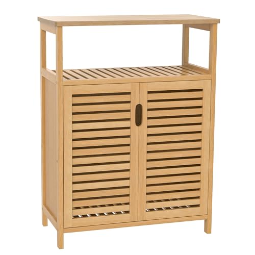 Purbambo Bamboo Storage Cabinet, Freestanding Bathroom Cabinet with 2 Louvered Doors, Floor Cabinet Organizer for Living Room, Kitchen, Entryway