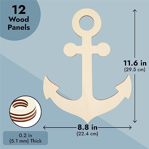 12 Pack Unfinished Wooden Anchors for Crafts, Nautical Wood Cutouts for DIY Projects, Nautical Decor (11.6 x 8.8 in) Genie Crafts