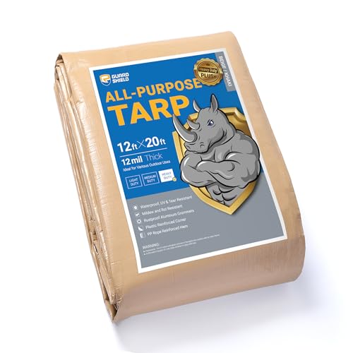 GUARD SHIELD Tarps Heavy Duty Plus+ Waterproof 12x20 Feet Beige/Khaki Multi-Purpose Thick Poly Tarp Cover 12mil GUARD SHIELD