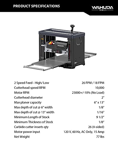 Wahuda Tools 13" Spiral Cutterhead Planer with 4-sided carbide Tips (Two Speed-New) WAHUDA TOOLS