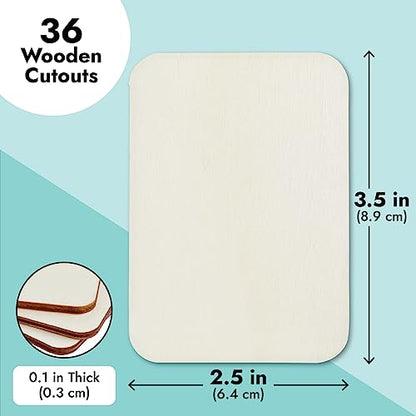 36 Pack Unfinished Wood Rectangles for Crafts, 2.5 x 3.5 Wooden Cutouts with Rounded Corners for Business Cards, DIY Projects, Gift Tags