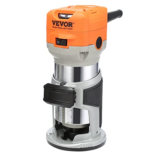 VEVOR Wood Router, 1.25HP 800W, Compact Wood Trimmer Router Tool, 30000RPM Max Speed 6 Variable Speeds, with 1/4'' & 5/16'' Collets 12 PCs Milling