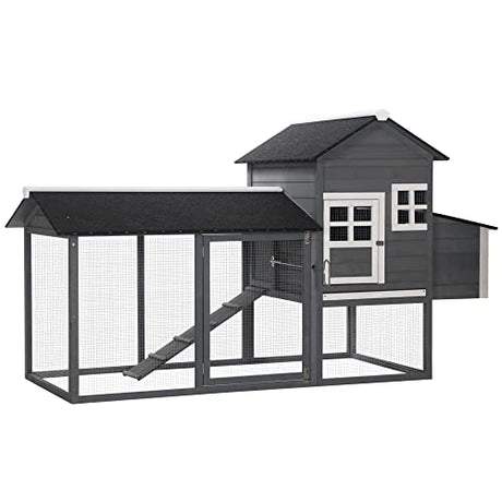 PawHut 84" Wooden Chicken Coop, Hen House Outdoor with Run Nesting Box, Asphalt Roof, Removable Tray, Ramp, Poultry Cage for 2-3 Chickens, Gray PawHut