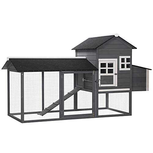 PawHut 84" Wooden Chicken Coop, Hen House Outdoor with Run Nesting Box, Asphalt Roof, Removable Tray, Ramp, Poultry Cage for 2-3 Chickens, Gray - WoodArtSupply