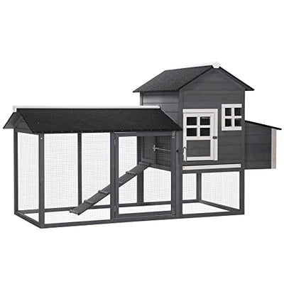 PawHut 84" Wooden Chicken Coop, Hen House Outdoor with Run Nesting Box, Asphalt Roof, Removable Tray, Ramp, Poultry Cage for 2-3 Chickens, Gray