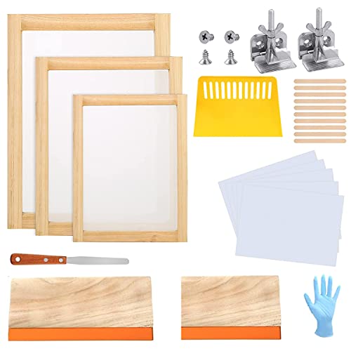 35 Pieces Screen Printing Kit, Include 3 Size of Wood Silk Screen Printing Frames with 150 Mesh, Butterfly Hinge Clamp, Screen Print Squeegees, Ink