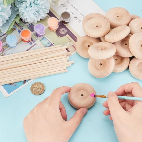 OLYCRAFT 30Pcs 1.9x0.6 Inch Wooden Craft Wheels with 15Pcs 5.9 Inch Wooden Sticks Unfinshed Wooden Wheel Large Wood Wheels Round Wooden Craft Wheels OLYCRAFT