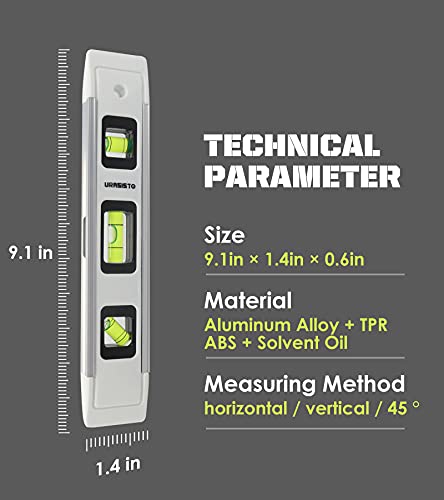 URASISTO 2 Pack Torpedo Level 9-INCH Level with 45°/90°/180° Bubbles, Small Measuring Tool URASISTO