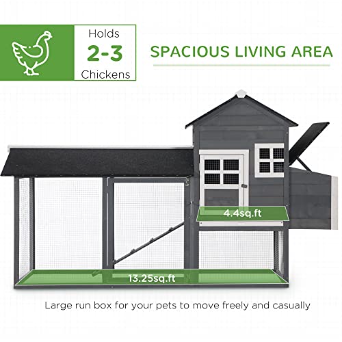 PawHut 84" Wooden Chicken Coop, Hen House Outdoor with Run Nesting Box, Asphalt Roof, Removable Tray, Ramp, Poultry Cage for 2-3 Chickens, Gray PawHut