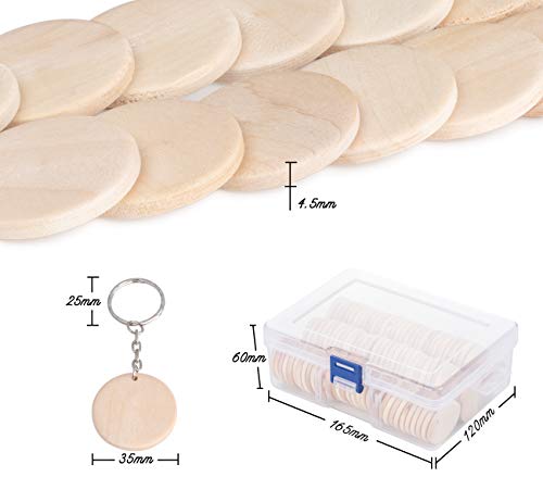 1Plusselect 100 Pcs Wooden Discs for Crafts, Wood Round, 1.38" Unfinished Wood Keychains Wooden Circles with 100 Pcs Key Rings for DIY Crafts