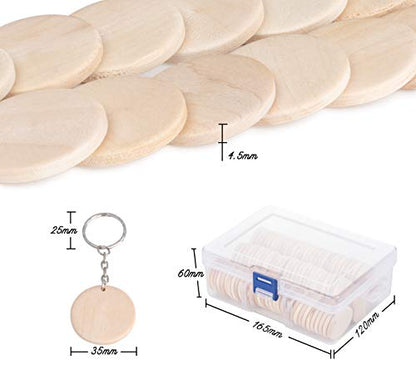 1Plusselect 100 Pcs Wooden Discs for Crafts, Wood Round, 1.38" Unfinished Wood Keychains Wooden Circles with 100 Pcs Key Rings for DIY Crafts