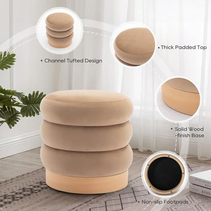 COLAMY Velvet Ottoman Footstool, Tufted Modern Foot Rest Stool with Wood Base for Living Room, Bedroom, Desk, Round Versatile Side End Table, Pouf, - WoodArtSupply