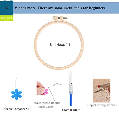 Highkick Embroidery Starter Kits for Adults Beginners with Stamped Pattern, Embroidery Floss + Needles + Hoop, Cactus Series, 3 Pack - WoodArtSupply