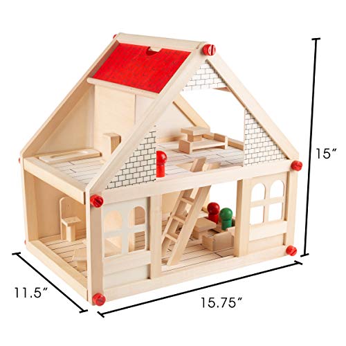 Dollhouse for Kids – Classic Pretend Play 2 Story Wood Playset with Furniture Accessories and Dolls for Toddlers, Boys and Girls by Hey! Play!,Brown Hey! Play!