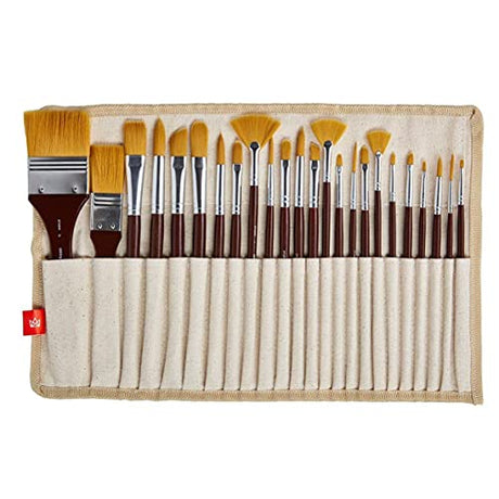 KINGART 210-24 Golden Nylon Hair Artist Brush Set, 24 Shapes & Sizes of Short Handle Round, Flat & Fan Paintbrushes in a Compact Brush Roll, Use for KINGART