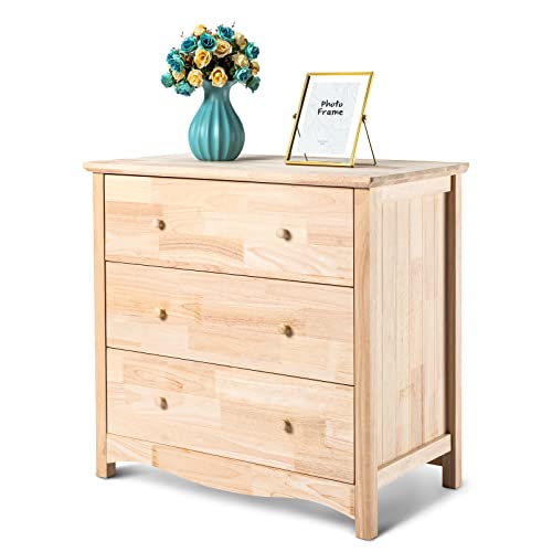 VINGLI Unfinished Natural Solid Wood 3 Drawer Dresser for Bedroom, Farmhouse Dressers & Chests of Drawers Color DIY Rubber Wood Dresser with Full