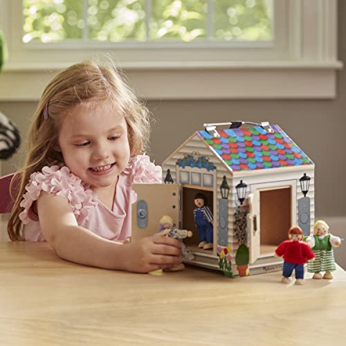 Melissa & Doug Take-Along Wooden Doorbell Dollhouse - Doorbell Sounds, Keys, 4 Poseable Dolls - Portable, Doorbell House For Kids Ages 3+ Melissa & Doug