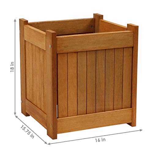 Sunnydaze Meranti Wood 16-Inch Square Planter Box with Teak Oil Finish - Set of 2 - WoodArtSupply