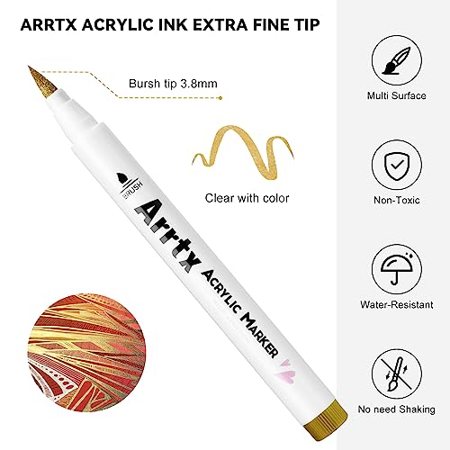 Arrtx Acrylic Paint Pens, 10 Pack Extra Brush Tip White Paint Markers Metallic for Rock Fabric Wood Glass Canvas Ceramic, 4 White 4 Black 1 Gold & 1 Arrtx