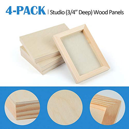 Falling in Art Unfinished Birch Wood Canvas Panels Kit, Falling in Art 4 Pack of 5x7’’ Studio 3/4’’ Deep Cradle Boards for Pouring Art, Crafts,