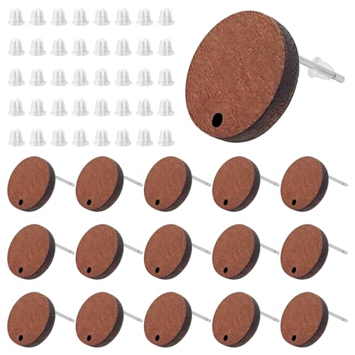 50pcs Wooden Stud Earrings Post for Jewelry Making,Wood Earring Posts with Loop Walnut Wood Stud Earring Blanks with 100pcs Plastic Ear Nuts for DIY Oubaka