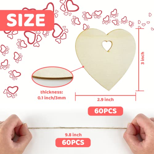 MUXGOA 60 Pcs 3" Wooden Hearts for Crafts,Natural Heart Wood Love Heart Shape Slices with 60 Pcs Natural Twine for Party Valentine's Day, Wedding, - WoodArtSupply