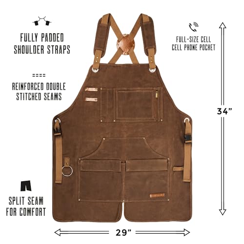 Heavy Duty Shop Apron Woodworking Apron for Sizes M-XXL Water-Resistant 16 Oz Waxed Brown Canvas - WoodArtSupply