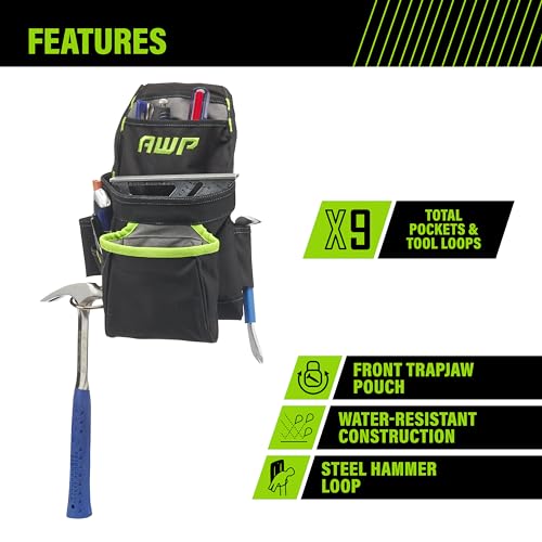 AWP TrapJaw Carpenter Tool Pouch | Tiered 9 Pocket Design with Steel Hammer Loop | Black AWP