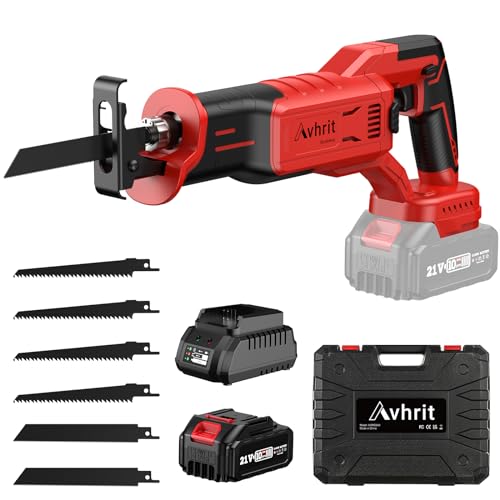 Avhrit Reciprocating Saw,Upgraded 4000mAh Battery and Fast Charger,21V Cordless Reciprocating Saw with 0-3000RPM Variable Speed, 6 Saw