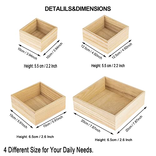 4 Pack Unfinished Wooden Box, 4 Sizes Rustic Small Wood Square Storage Organizer Box for Craft Centerpieces Home Decor Art Collectibles Succulent - WoodArtSupply