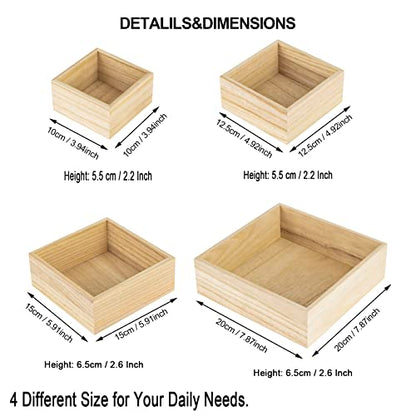4 Pack Unfinished Wooden Box, 4 Sizes Rustic Small Wood Square Storage Organizer Box for Craft Centerpieces Home Decor Art Collectibles Succulent