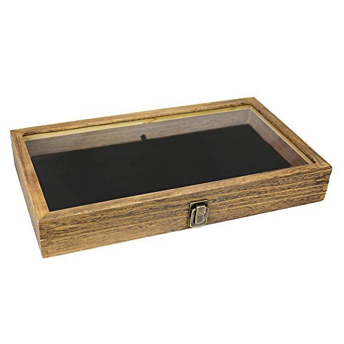 MOOCA Wooden Jewelry Display Case with Tempered Glass Lid and Removable Luxurious Velvet Pad, Brown Color