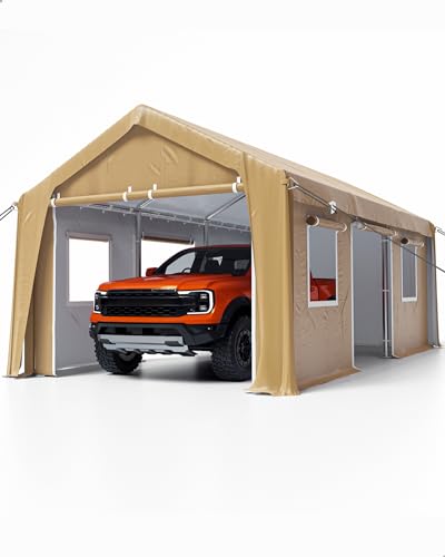 DEXSO Carport 13'x20' Heavy Duty Portable Garage, 1.0 mm Steel Poles & 180 g PE Waterproof Canopy, with Front & Rear Doors, 2 Side Doors, and 4 - WoodArtSupply