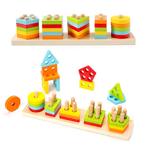 WOOD CITY Wooden Sorting & Stacking Toy, Shape Sorter Toys for Toddlers, Montessori Color Recognition Stacker, Early Educational Block Puzzles for