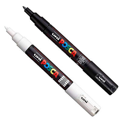Posca PC-1M Paint Art Marker Pens - Fabric Glass Metal Pen - Set of Black + White (1 of Each)